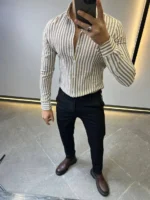 Beige Striped Shirt -Premium Slim Fit - Image 9