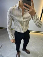 Beige Striped Shirt -Premium Slim Fit - Image 8