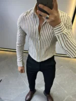 Beige Striped Shirt -Premium Slim Fit - Image 10