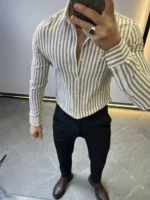 Beige Striped Shirt -Premium Slim Fit - Image 6
