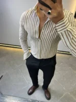 Beige Striped Shirt -Premium Slim Fit - Image 7