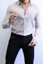 Beige Striped Shirt -Premium Slim Fit - Image 2