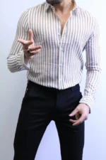 Beige Striped Shirt -Premium Slim Fit - Image 3