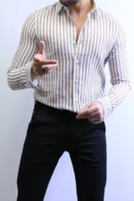 Beige Striped Shirt -Premium Slim Fit