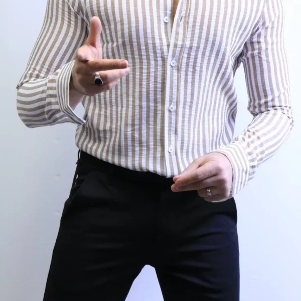 Beige Striped Shirt -Premium Slim Fit