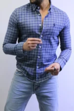 Men’s Slim Fit Checkered Shirt – Blue Casual Button-Up Shirt for Smart & Casual Wear - Image 15