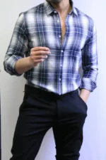 Men’s Slim Fit Checkered Shirt – Blue Casual Button-Up Shirt for Smart & Casual Wear - Image 17
