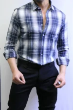 Men’s Slim Fit Checkered Shirt – Blue Casual Button-Up Shirt for Smart & Casual Wear - Image 13