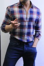 Men’s Slim Fit Checkered Shirt – Blue Casual Button-Up Shirt for Smart & Casual Wear - Image 26