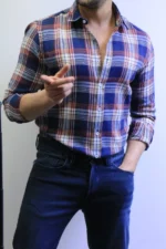 Men’s Slim Fit Checkered Shirt – Blue Casual Button-Up Shirt for Smart & Casual Wear - Image 3