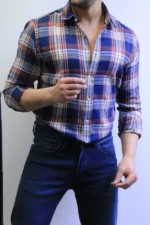 Men’s Slim Fit Checkered Shirt – Blue Casual Button-Up Shirt for Smart & Casual Wear - Image 32