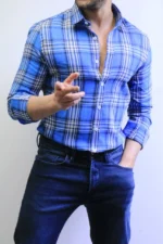 Men’s Slim Fit Checkered Shirt – Blue Casual Button-Up Shirt for Smart & Casual Wear - Image 18