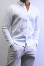 Minimalist White Mandarin Collar Shirt – Modern Slim Fit – Image 3
