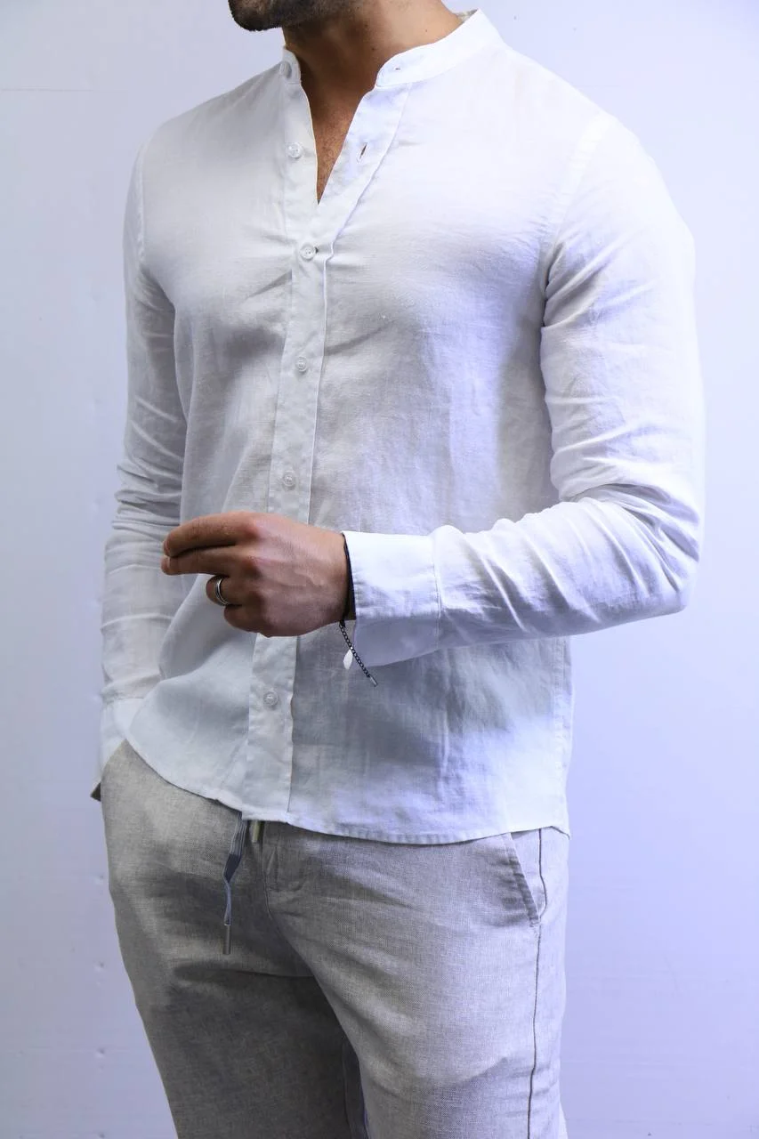 5791897973326286269 Minimalist White Mandarin Collar Shirt – Modern Slim Fit – Image 1
