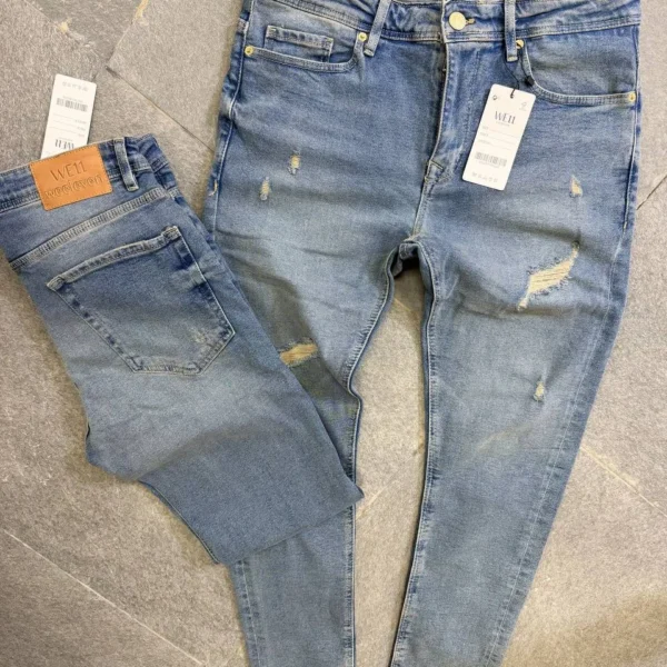 Street Fit Denim – Distressed Blue ,	Essential Slim Jeans – Light Wash