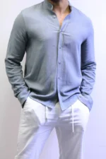 Minimalist Mandarin Collar Shirt – Modern Slim Fit & Elegant Style – Image 18