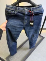 Men’s Dark Blue basic Fit Stretch Jeans – Washed Denim - Image 2