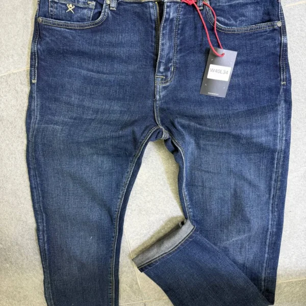 Men’s Dark Blue basic Fit Stretch Jeans – Washed Denim
