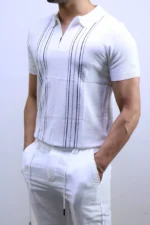 Men's Textured Vertical Stripe Knit Polo Shirt – Image 2