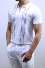 Men's Textured Vertical Stripe Knit Polo Shirt – Image 5