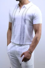 Men's Textured Vertical Stripe Knit Polo Shirt – Image 7