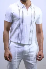 Men's Textured Vertical Stripe Knit Polo Shirt – Image 8