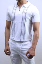 Men's Textured Vertical Stripe Knit Polo Shirt – Image 9