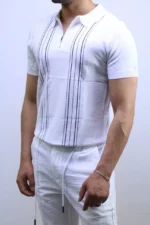 Men's Textured Vertical Stripe Knit Polo Shirt