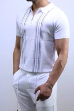 Men's Textured Vertical Stripe Knit Polo Shirt – Image 13