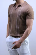 Men's Textured Vertical Stripe Knit Polo Shirt – Image 14