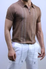 Men's Textured Vertical Stripe Knit Polo Shirt – Image 4