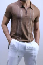 Men's Textured Vertical Stripe Knit Polo Shirt – Image 15