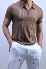 Men's Textured Vertical Stripe Knit Polo Shirt – Image 16