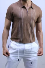Men's Textured Vertical Stripe Knit Polo Shirt – Image 20