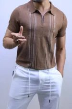 Men's Textured Vertical Stripe Knit Polo Shirt – Image 19