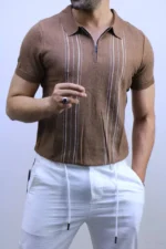 Men's Textured Vertical Stripe Knit Polo Shirt – Image 21