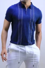 Men's Textured Vertical Stripe Knit Polo Shirt – Image 6