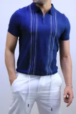 Men's Textured Vertical Stripe Knit Polo Shirt – Image 3