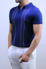 Men's Textured Vertical Stripe Knit Polo Shirt – Image 24