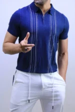 Men's Textured Vertical Stripe Knit Polo Shirt – Image 26