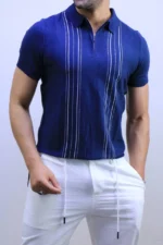 Men's Textured Vertical Stripe Knit Polo Shirt – Image 27