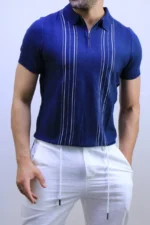 Men's Textured Vertical Stripe Knit Polo Shirt – Image 28