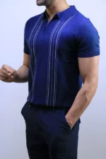 Men's Textured Vertical Stripe Knit Polo Shirt – Image 29