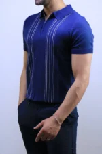 Men's Textured Vertical Stripe Knit Polo Shirt – Image 30