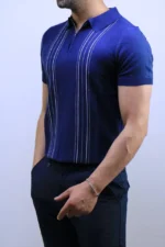 Men's Textured Vertical Stripe Knit Polo Shirt – Image 31