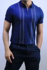 Men's Textured Vertical Stripe Knit Polo Shirt – Image 32