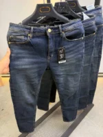 Men’s Dark Blue Slim Fit Stretch Jeans – Washed Denim – Image 7