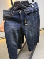 Men’s Dark Blue Slim Fit Stretch Jeans – Washed Denim – Image 8