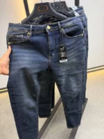 Men’s Dark Blue Slim Fit Stretch Jeans – Washed Denim – Image 11