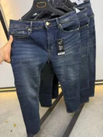 Men’s Dark Blue Slim Fit Stretch Jeans – Washed Denim – Image 4